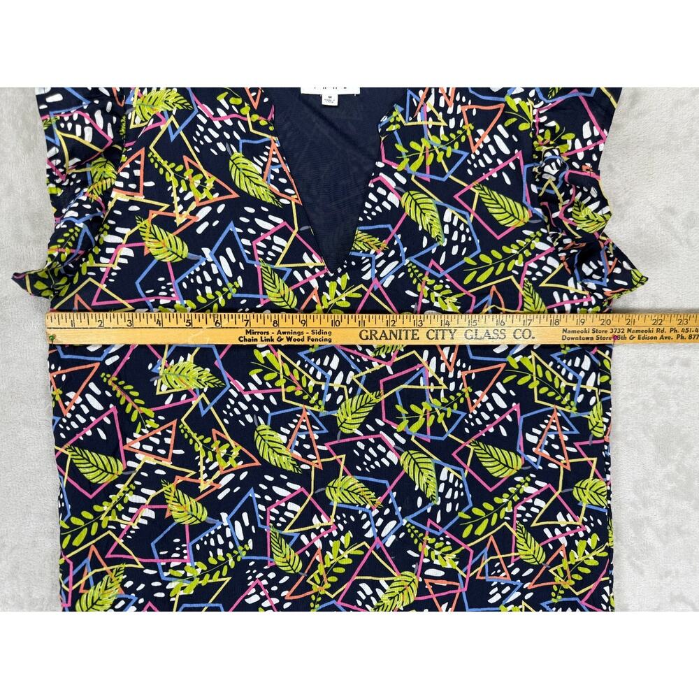 THML Dress Medium Navy Geometric Leaf Print Ruffle Sleeve Shift Dress Boho - Picture 4 of 7
